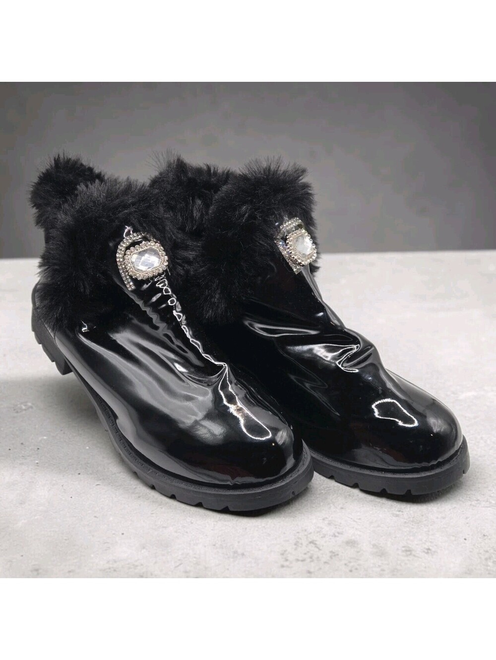 Womens Black Patent Faux Fur Ankle Boots Crystal Buckle Lug Sole Combat Sz 43